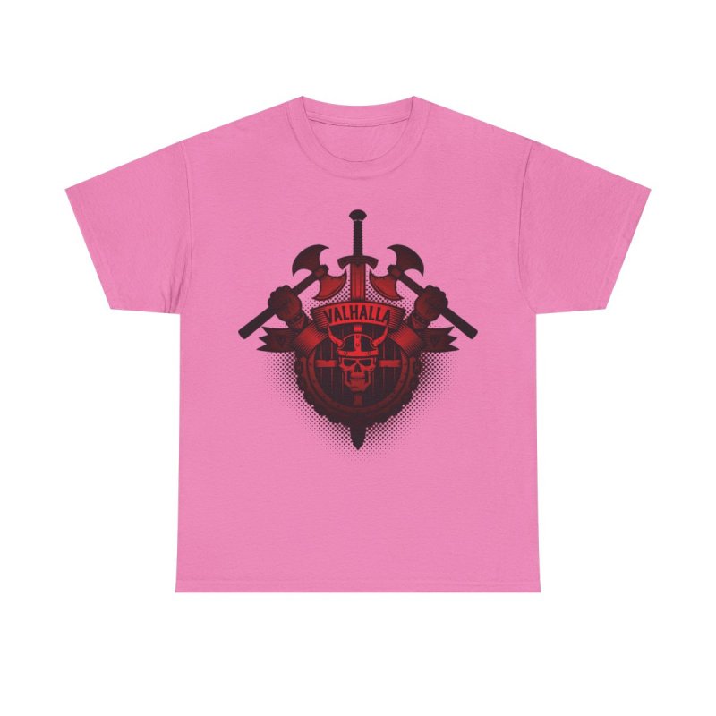 Vikings Valhalla Skull T-Shirt | Red Norse Warrior Graphic Tee | Crossed Battle Axes & Viking Helmet Shirt