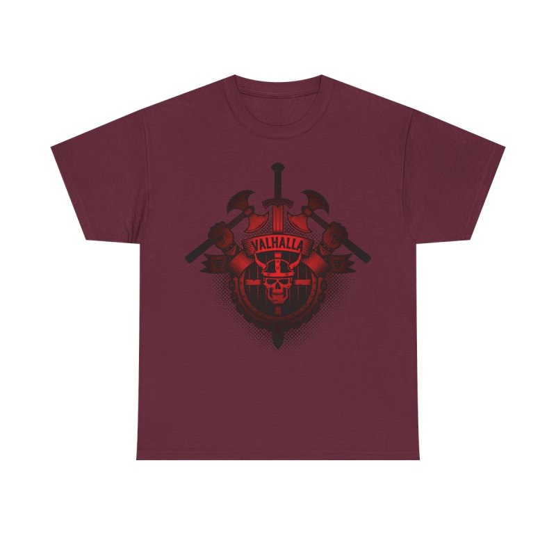 Vikings Valhalla Skull T-Shirt | Red Norse Warrior Graphic Tee | Crossed Battle Axes & Viking Helmet Shirt