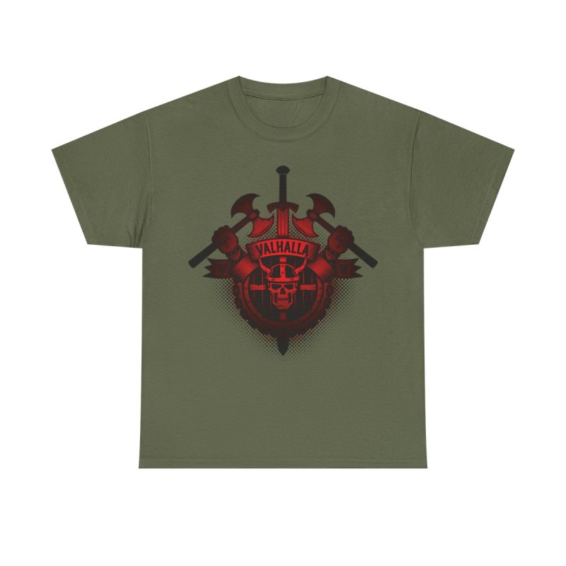 Vikings Valhalla Skull T-Shirt | Red Norse Warrior Graphic Tee | Crossed Battle Axes & Viking Helmet Shirt