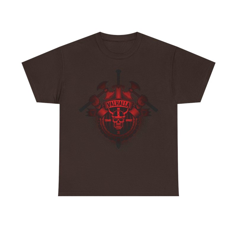Vikings Valhalla Skull T-Shirt | Red Norse Warrior Graphic Tee | Crossed Battle Axes & Viking Helmet Shirt