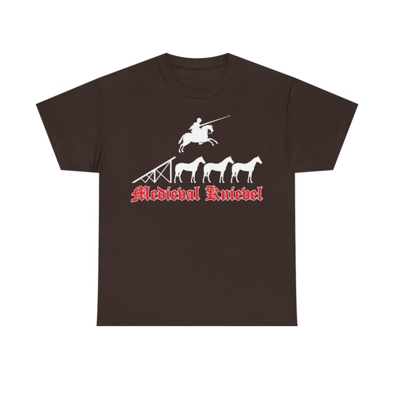 Medieval Knievel T-Shirt | Knight Jousting Stunt Graphic Tee | Middle Ages Daredevil Horse Jump Shirt