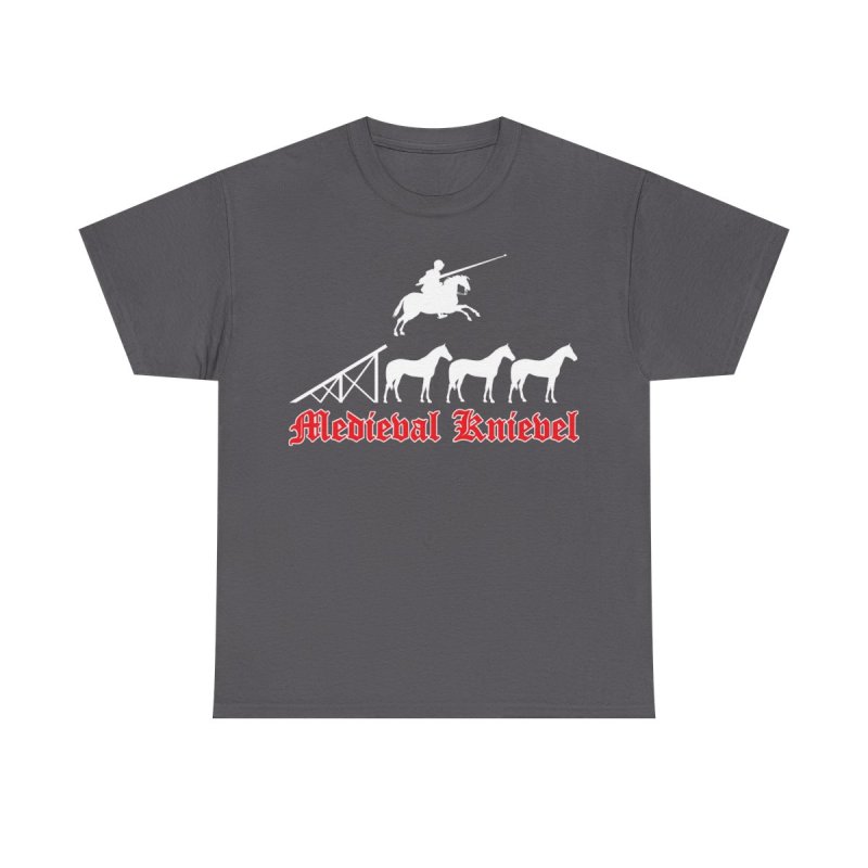 Medieval Knievel T-Shirt | Knight Jousting Stunt Graphic Tee | Middle Ages Daredevil Horse Jump Shirt