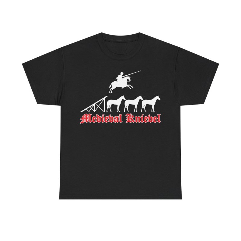 Medieval Knievel T-Shirt | Knight Jousting Stunt Graphic Tee | Middle Ages Daredevil Horse Jump Shirt