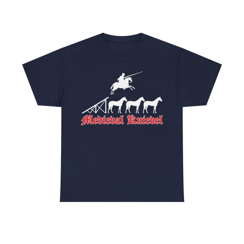 Medieval Knievel T-Shirt | Knight Jousting Stunt Graphic Tee | Middle Ages Daredevil Horse Jump Shirt