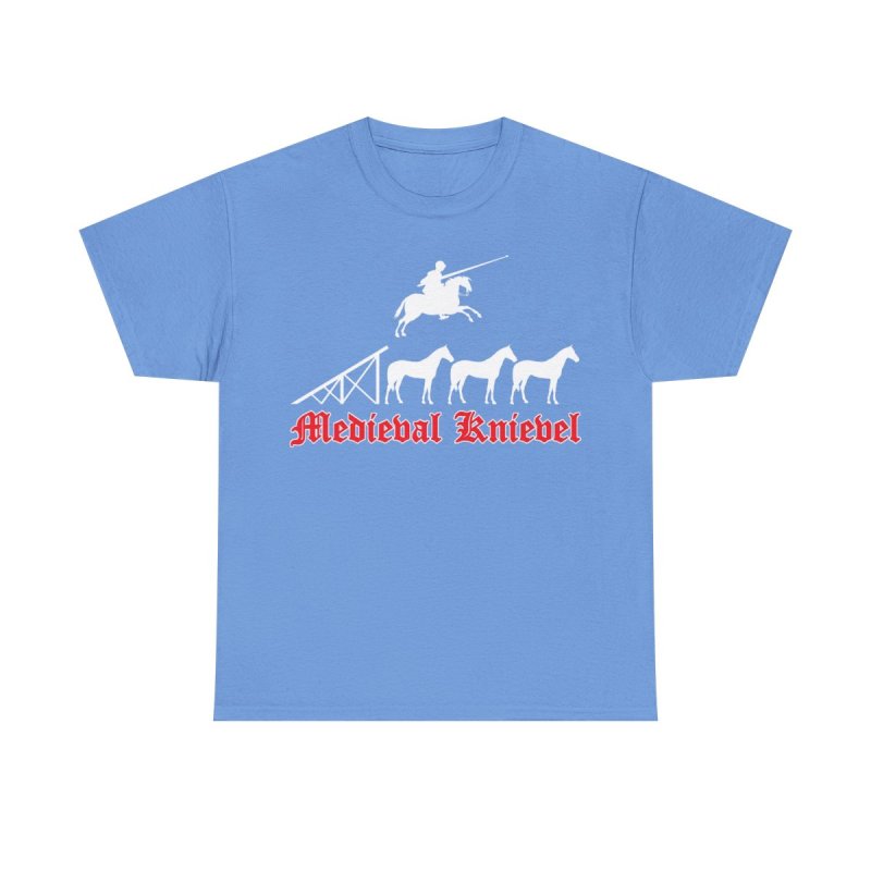 Medieval Knievel T-Shirt | Knight Jousting Stunt Graphic Tee | Middle Ages Daredevil Horse Jump Shirt