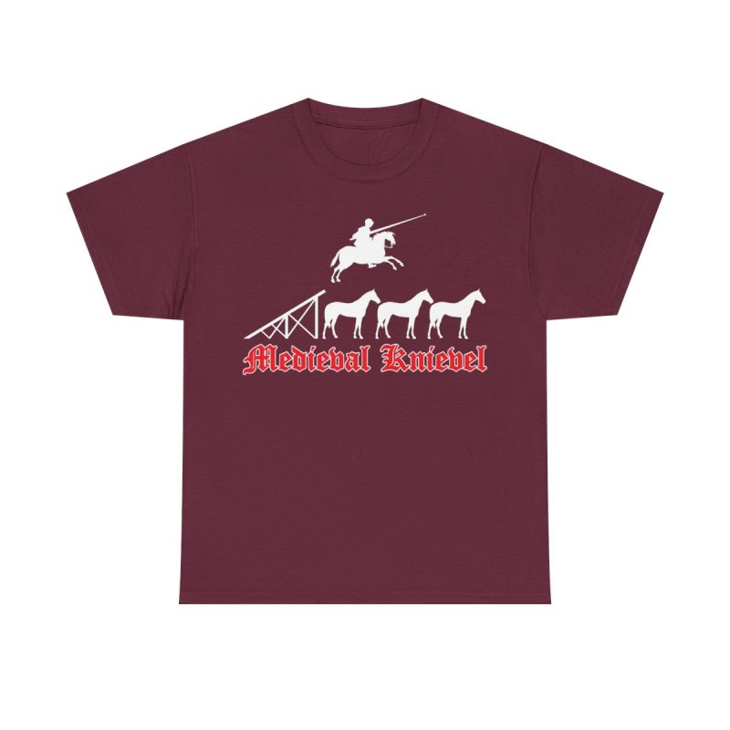 Medieval Knievel T-Shirt | Knight Jousting Stunt Graphic Tee | Middle Ages Daredevil Horse Jump Shirt