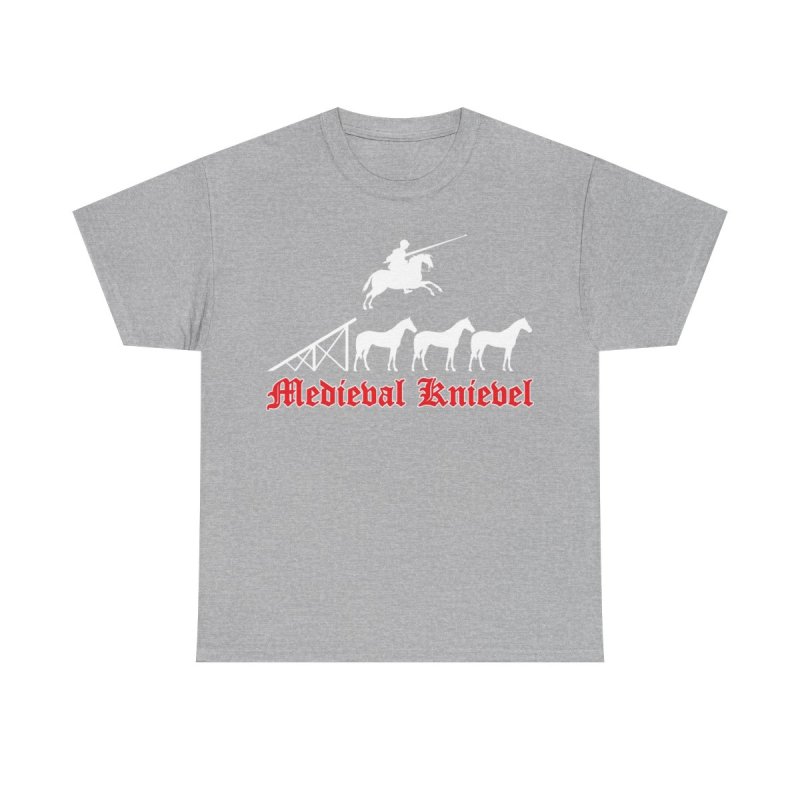 Medieval Knievel T-Shirt | Knight Jousting Stunt Graphic Tee | Middle Ages Daredevil Horse Jump Shirt