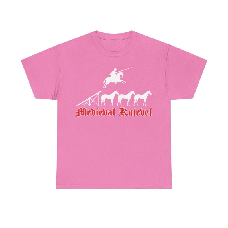 Medieval Knievel T-Shirt | Knight Jousting Stunt Graphic Tee | Middle Ages Daredevil Horse Jump Shirt