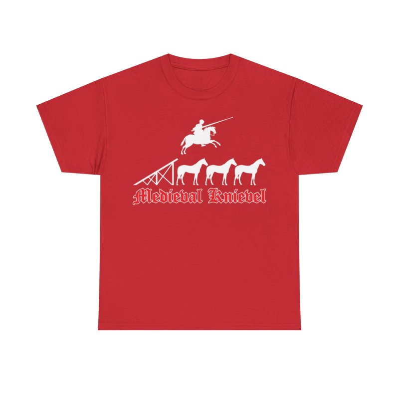 Medieval Knievel T-Shirt | Knight Jousting Stunt Graphic Tee | Middle Ages Daredevil Horse Jump Shirt