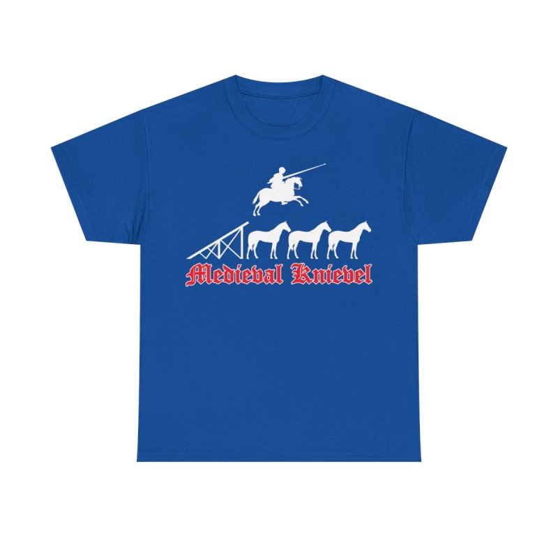 Medieval Knievel T-Shirt | Knight Jousting Stunt Graphic Tee | Middle Ages Daredevil Horse Jump Shirt