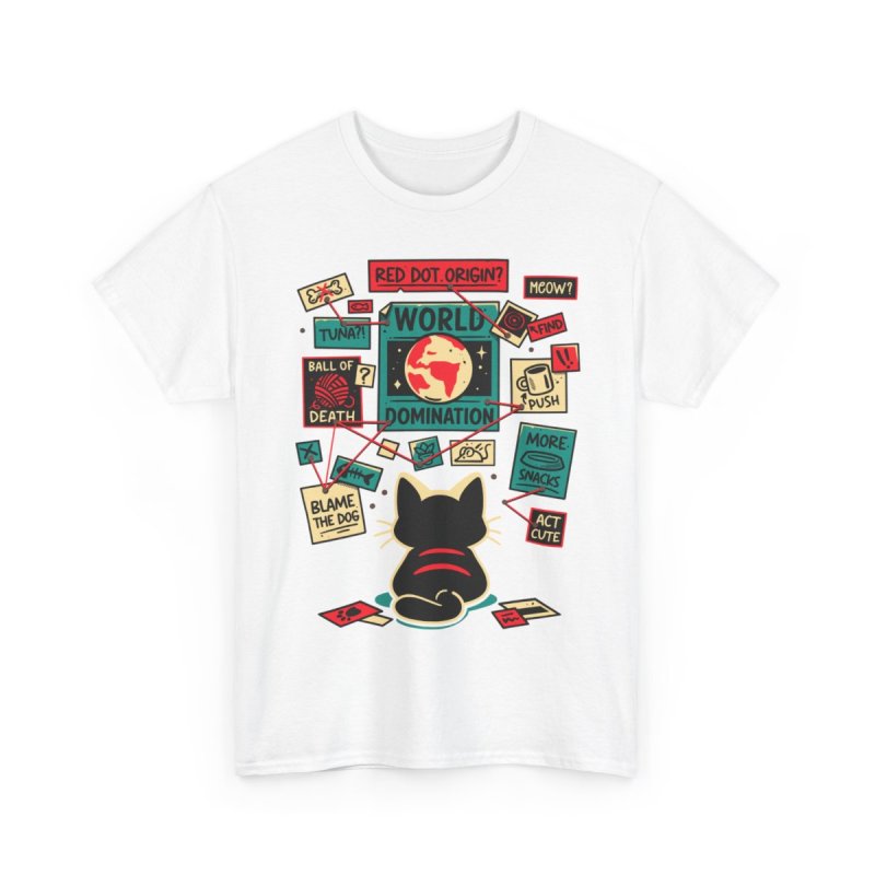 Cat Master Plan T-Shirt | Evil Kitten World Domination Graphic Tee | Funny Feline Conspiracy Theory Shirt