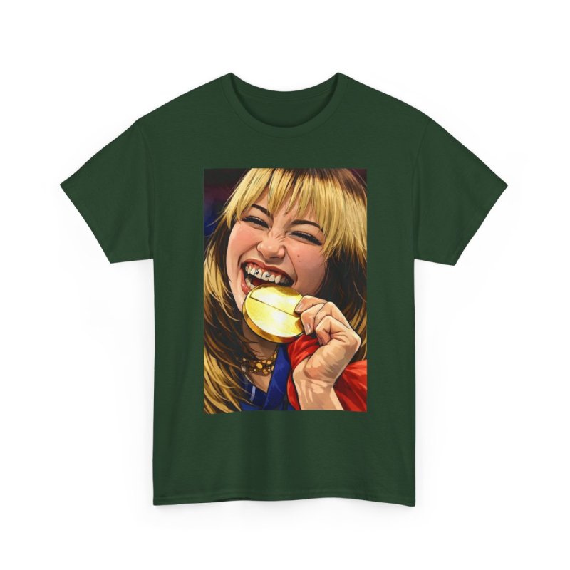 Alysa Liu Gold Medalist T-Shirt | Figure Skating Olympic Fan Art Graphic Tee | Champion Biting Gold Medal Illustration Shirt