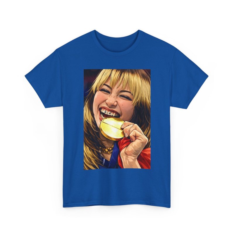 Alysa Liu Gold Medalist T-Shirt | Figure Skating Olympic Fan Art Graphic Tee | Champion Biting Gold Medal Illustration Shirt