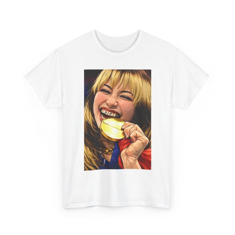 Alysa Liu Gold Medalist T-Shirt | Figure Skating Olympic Fan Art Graphic Tee | Champion Biting Gold Medal Illustration Shirt