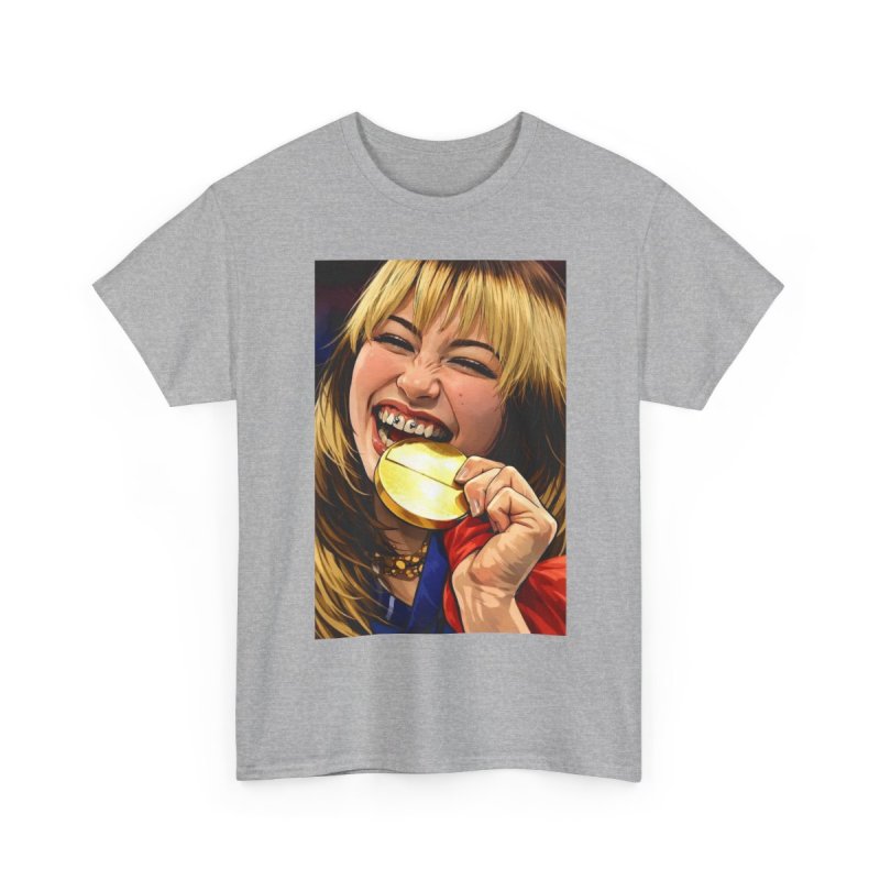 Alysa Liu Gold Medalist T-Shirt | Figure Skating Olympic Fan Art Graphic Tee | Champion Biting Gold Medal Illustration Shirt