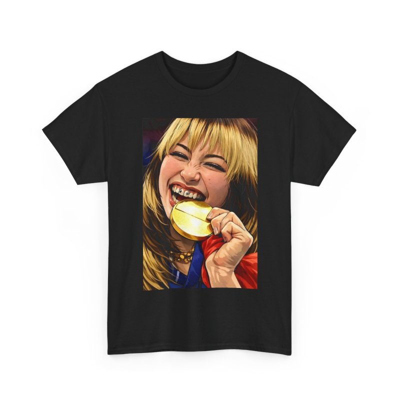 Alysa Liu Gold Medalist T-Shirt | Figure Skating Olympic Fan Art Graphic Tee | Champion Biting Gold Medal Illustration Shirt