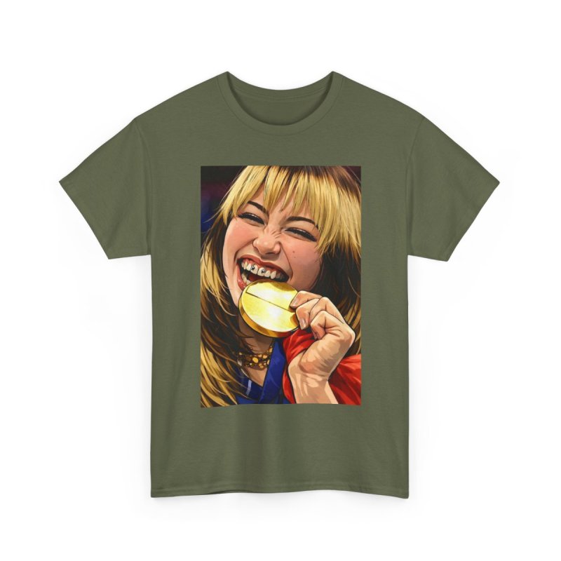 Alysa Liu Gold Medalist T-Shirt | Figure Skating Olympic Fan Art Graphic Tee | Champion Biting Gold Medal Illustration Shirt