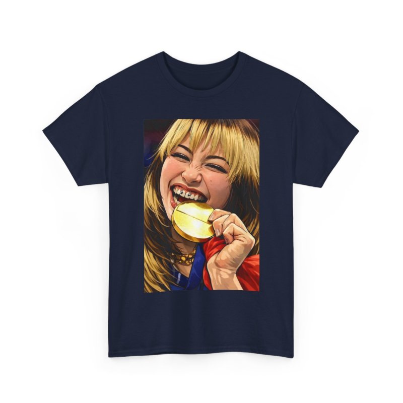 Alysa Liu Gold Medalist T-Shirt | Figure Skating Olympic Fan Art Graphic Tee | Champion Biting Gold Medal Illustration Shirt