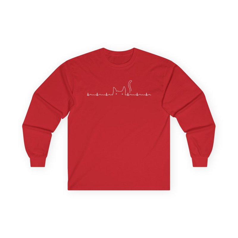 Cat Heartbeat Long Sleeve T-Shirt | Minimalist Cat Outline Graphic Tee | Feline EKG Pulse Lifeline Shirt